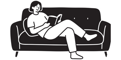 A vector person relaxes on a couch reading a book. 