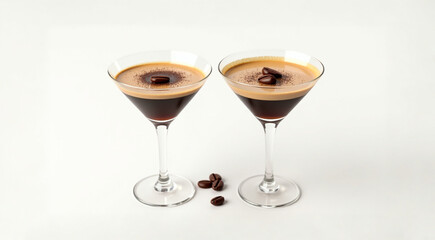 Espresso Martini cocktail in elegant glasses with coffee beans and foam on white background, close-up