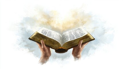 Simple hand-drawn style of two hands gently holding an open Bible, with a white background and soft golden light