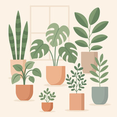 Houseplants in Pots Illustration with Window Background