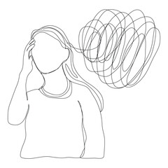 Sketch problem concept minimal woman emotion stress headache drawing line art.Female unhappy depress hand drawn continuous line concept with white isolated background.Abstract,vector,illustration.