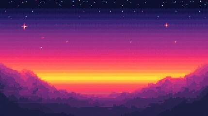 Pixel art sunset landscape with vibrant colors and starry night sky.