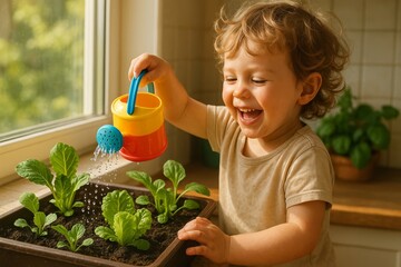 Happy toddler watering seedlings by the window, enjoying a fun indoor gardening activity in natural sunlight.








