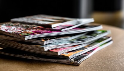 Stack of colorful magazines on a wooden table captured from a low angle.