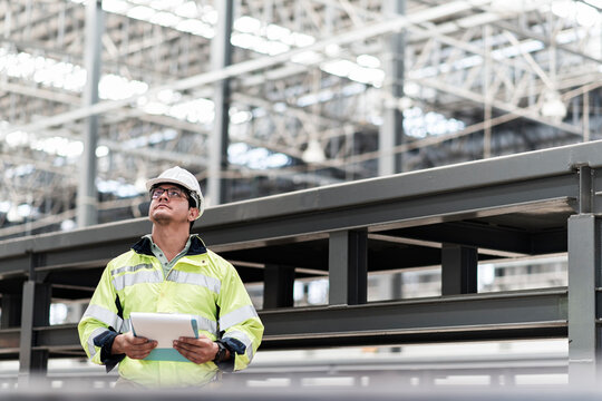 engineer Sitting in depot and inspection railway . construction worker on railways. Engineer work on railway. rail, engineer, Infrastructure