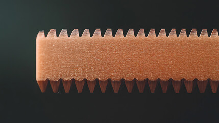 Detailed view of a notched brown object against a dark background showcasing precise engineering and design with uniform, repeated angular teeth.