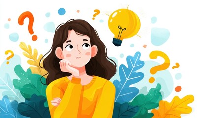 A thoughtful woman surrounded by question marks and a lightbulb, symbolizing curiosity and ideas.