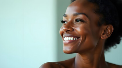 Black woman smiling feeling moisturized skin closeup portrait with skincare product in background clean neutral tone concept of beauty care cosmetics dermatology. 