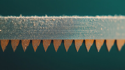 Close-up of a saw blade with sharp teeth and fine sawdust, set against a dark teal backdrop, highlighting precision and craftsmanship.