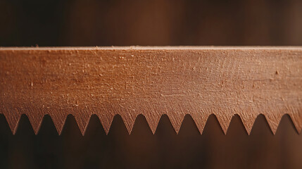 Close-up of a handsaw's toothed blade against a brown background, showing detailed craftsmanship and sharp, triangular teeth designed for cutting wood.