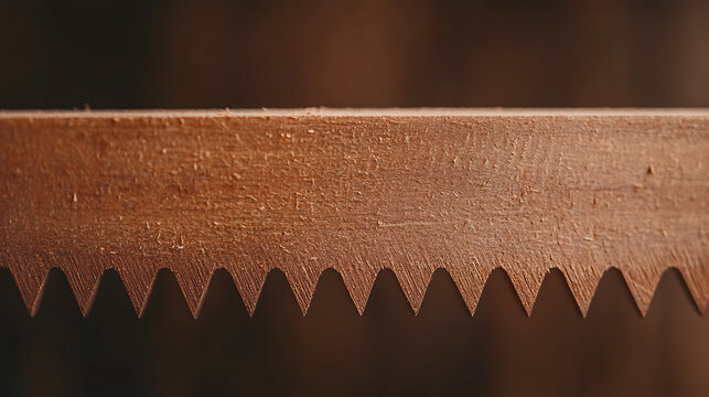 Close-up of a handsaw's toothed blade against a brown background, showing detailed craftsmanship and sharp, triangular teeth designed for cutting wood.