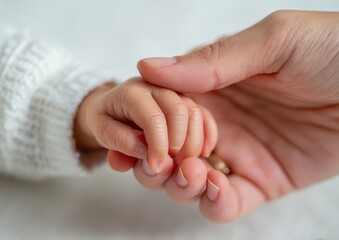 Adult's hand gently holding a baby's hand, symbolizing care and protection.