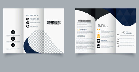 Modern Business Trifold Brochure Template with Wave Design A4 Corporate Layout for Services and Marketing. Editable image.