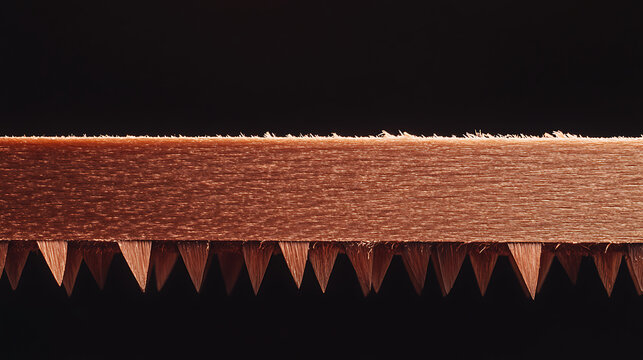 Detail of a saw blade with sharp, triangular teeth against a black background, showcasing its design and functionality for cutting materials.