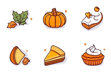 Autumn harvest icons pumpkin, leaves, pie slices, and cupcake