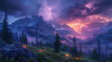 Moody mountain storm over jagged ridges lightning background windswept trees and wet rock textures atmospheric and dramatic landscape
