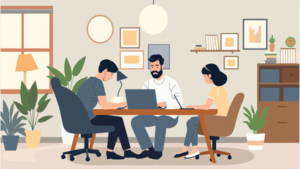 Vector of Team Collaboration in a Modern Home Office/Three colleagues work collaboratively at a home office desk, showcasing a productive and friendly atmosphere...