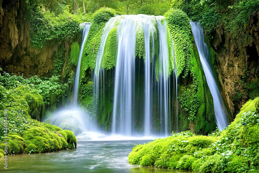 Poster serene waterfall cascading down moss-covered rocks, creating a tranquil, natural scene symbolizing p