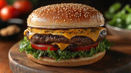 A mouthwatering cheeseburger features a perfectly grilled beef patty, melted cheddar cheese, crispy lettuce, and ripe tomatoes, all nestled in a sesame seed bun, ready to be enjoyed.