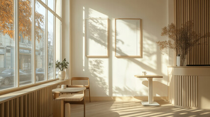 Cozy cafe interior with natural light, empty frames, and decor