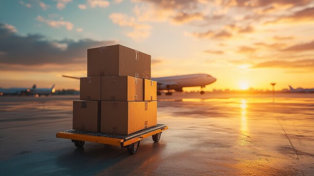 Stacked cardboard boxes on a cart at an airport runway with an airplane in the background during sunset.