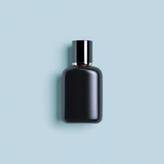 Minimal black perfume bottle on gradient grey background, clean layout