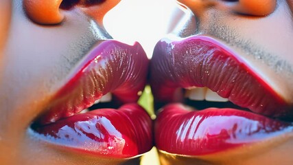 Close-up static video of two men kissing, bronzed skin with cherry lips, fair skin with pink lips, soft natural light reveals tender textures Concept of same-sex romance and intimacy