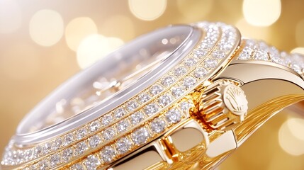 Luxurious gold watch with diamond-encrusted bezel and band, showcased against a bokeh backdrop