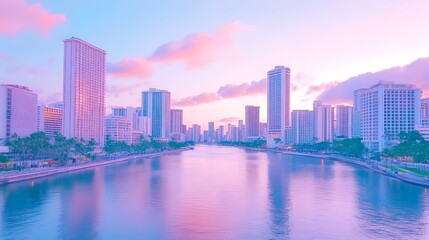 Fototapeta premium Pastel sunrise over a city's waterfront, reflecting in calm water, showcasing modern architecture and palm trees