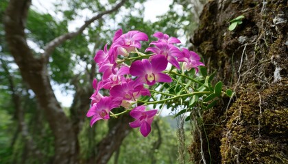 Obraz premium Beautiful purple orchids blooming on a tree.