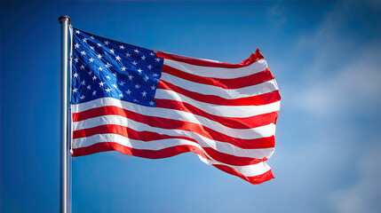 Fototapeta premium American Flag Waving in Blue Sky Patriotic Image