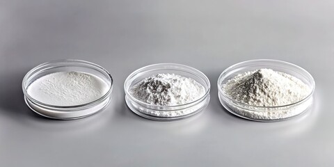 Three petri-dishes with white powders on a gray background.