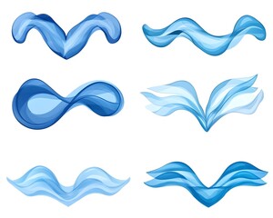 Six abstract blue wave designs, varying in shape and style, on white background
