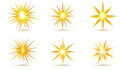 Six golden starburst shapes, varying in points & intensity, cast subtle shadows on white background