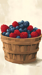 Wooden basket of raspberries and blueberries
