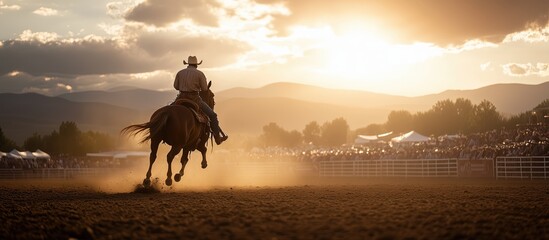 Rodeo rider galloping at sunset outdoor arena sports photography