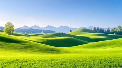 Fototapeta premium Sunlit rolling green hills and distant mountains under a clear blue sky A lone tree stands in a vibrant meadow