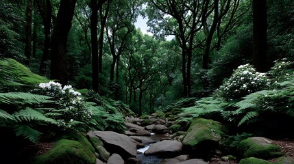 Obraz premium Enchanted Forest Stream Lush Green Canopy with Rhododendrons.