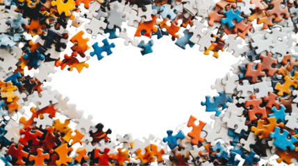 Multiple puzzle pieces floating on mismatched datasets, on a transparent backgrounds
