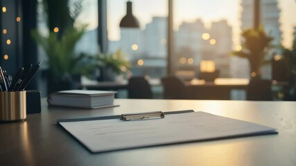 A clean and modern office workspace with a document on the desk in front of bright window light. The scene evokes a sense of productivity and focus
