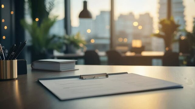 A clean and modern office workspace with a document on the desk in front of bright window light. The scene evokes a sense of productivity and focus