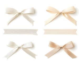 Two shades of ivory satin bows and matching blank banners, isolated on white
