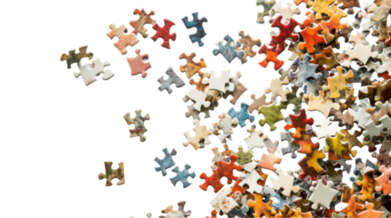 Multiple puzzle pieces floating on mismatched datasets, on a transparent backgrounds