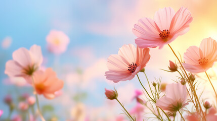 Obraz premium Close Up of Pink Cosmos Flowers Blooming Under Soft Sunlight Against a Pastel Blue Sky in a Dreamy Floral Garden