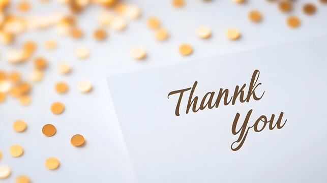 White card with "Thank You" written in elegant script, surrounded by scattered gold confetti on a white background - Powered by Adobe