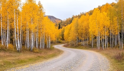 Winding gravel road through vibrant golden aspen trees in autumn