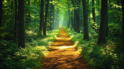 Obraz premium Forest path illuminated by sunlight, inviting exploration