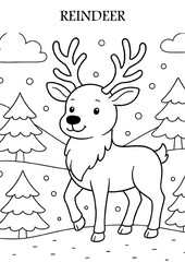 Coloring page of a reindeer with bold, clean outlines. Fun and festive black and white line art for kids and holiday-themed activities