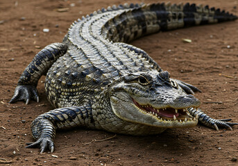 Fototapeta premium Fierce Caiman Crocodile on Dry Ground, Close-Up Portrait, Reptile Wildlife, Animal Photography.