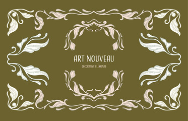 Art Nouveau floral frames, corners, and borders. Vector.